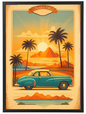 En vintage bil i en farverig solnedgang med palmer og bjerge i baggrunden.