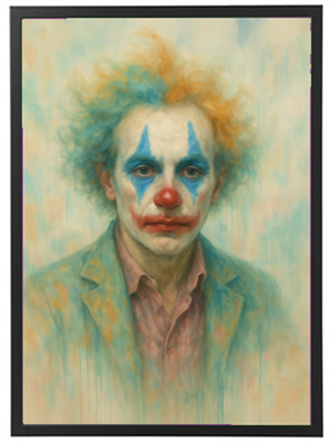 Et portræt af en klovn med farverig makeup, der udstråler en melankolsk stemning.