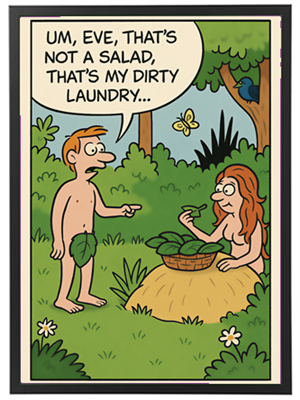 En komisk scene mellem to karakterer i en skov, hvor en mand påpeger, at en kvinde plukker hans snavsetøj i stedet for en salat.