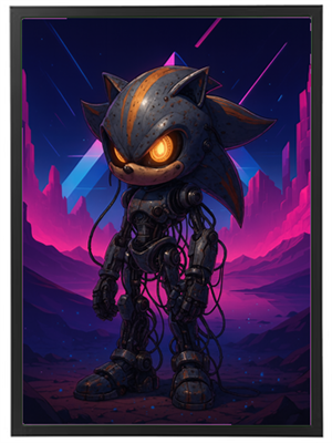 Et futuristisk billede af en robotlignende figur med en karakteristisk frisure, der står i et farverigt landskab.