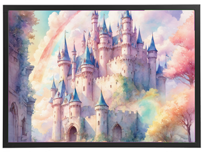 Et smukt slot omgivet af farverige træer og en regnbue, malet i bløde pastelfarver.