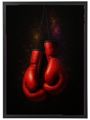 Et par røde boksehandsker hænger i rummet med en stjernehimmel som baggrund.