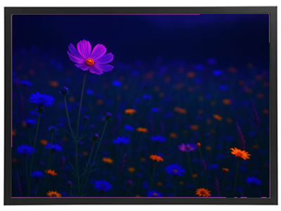 En smuk blomstereng med farverige blomster i nuancer af lilla, blå og orange.