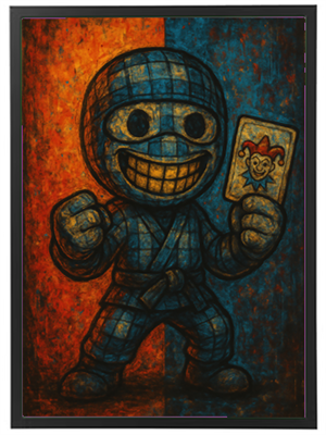 Et maleri af en glad ninja, der holder et jokerkort, med en baggrund i varme farver.