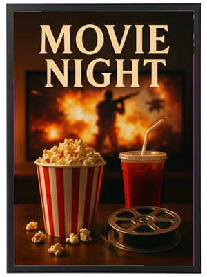 Et billede af en film aften med popcorn, en drink og en filmrulle i forgrunden.