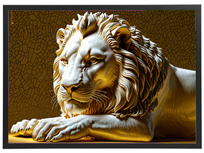 En detaljeret skulptur af en løve, der ligger majestætisk med en gylden baggrund.