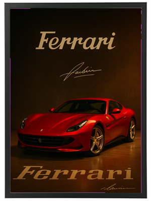 En smuk rød Ferrari præsenteret i et dramatisk lys med logo og signatur.