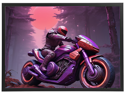 En futuristisk figur kører på en violet motorcykel i en skov med en stor rød måne.