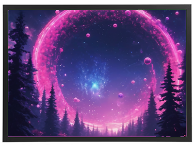 En betagende scene med en lysende portal omgivet af stjerner og mørke træer.