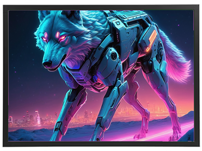 Et futuristisk billede af en robotulv med neonfarver, der går gennem et sci-fi landskab.