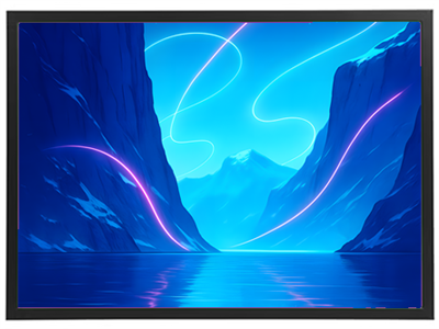 Et digitalt landskab med en blå fjord omgivet af bjerge og lysstræk i himlen.