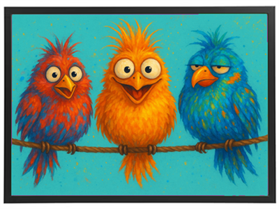 Tre cartoon-lignende fugle i klare farver sidder på en gren mod en blå baggrund.