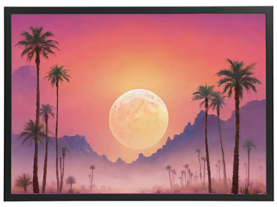 En smuk solnedgang med en stor måne og palmetræer i forgrunden.