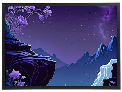 En farverig illustration af en nattehimmel med stjerner, bjerge og blomster.