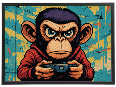 Et farverigt, grafisk billede af en abe, der spiller videospil med intense øjne.