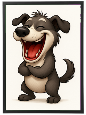 En tegneserieagtig hund, der smiler stort og ser glad ud.