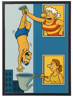 En mand hænges op ned af en kvinde, mens en anden kvinde ser på fra vinduet.