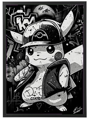 Et stiliseret billede af Pikachu i graffiti-stil, iført en kasket og læderjakke.