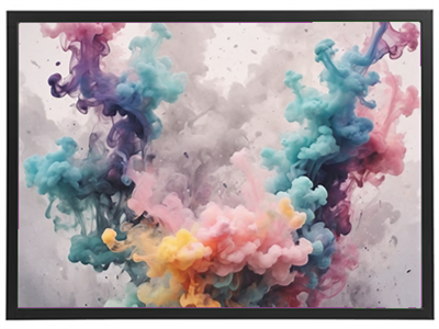 Et dynamisk og farverigt billede af røg i nuancer af blå, pink og gul, der svæver i luften.