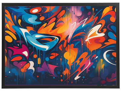 Et levende abstrakt maleri med bølgende former og en farverig palet af blå, orange og pink nuancer.