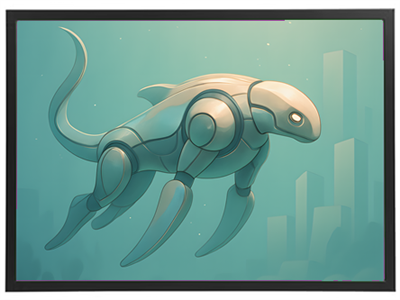 En stiliseret robotformet væsen svømmer gennem en blågrøn undervandsverden, omgivet af skyskrabere.