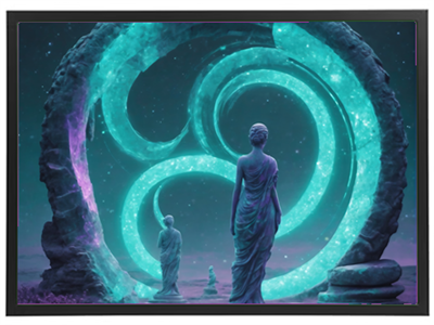 En mystisk scene med to statuer ved en lysende portal i en stjerneklar nattehimmel.