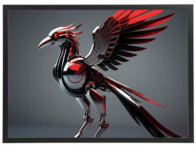 En stiliseret robotfugl med metaloverflader og detaljer i rød og sort farve.