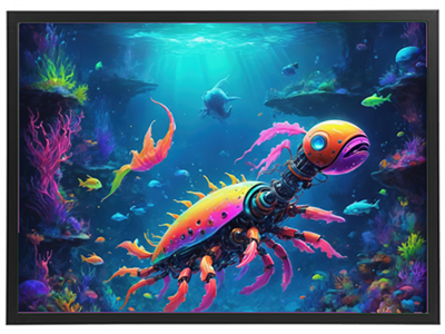 Et surrealistisk undervandsbillede af en robotkrabbe med farverige detaljer, omgivet af fisk og koraller.