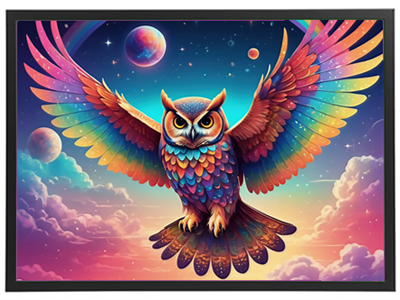 En farverig ugle med udstrakte vinger svæver gennem et stjernet fuld af planeter og skyer.