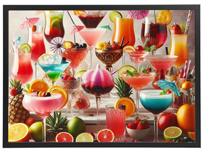 En samling af farverige cocktails præsenteret med friske frugter og dekorationer.