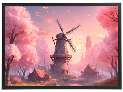En idyllisk scene med en vindmølle omgivet af lyserøde kirsebærtræer og små huse.
