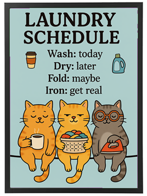 Et farverigt skilt med katte, der viser en sjov vaskerutine.