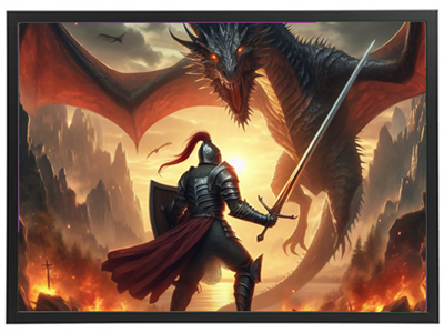 En ridder står mod en mægtig drage i en dramatisk kamp i en vulkansk landskab.