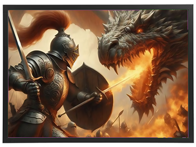 En ridder i rustning står mod en ildspyende drage i en dramatisk kamp, omgivet af flammer.