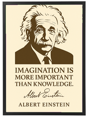 Et billede af Albert Einsteins citat om vigtigheden af fantasi over viden.