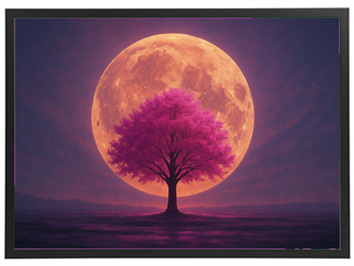 Et smukt lyserødt træ står foran en stor, lysende måne i en drømmende nattehimmel.