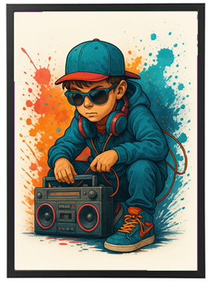 En ung dreng iført en blå hættetrøje og kasket, der sidder med en boombox og solbriller, omgivet af farverige sprøjtede baggrunde.