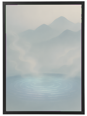 Et stiliseret billede af en stille sø omgivet af tågede bjerge, der skaber en rolig atmosfære.