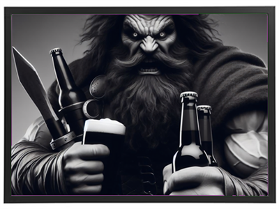 En muskuløs kriger med et vildt skæg, der holder ølflasker og en kniv.