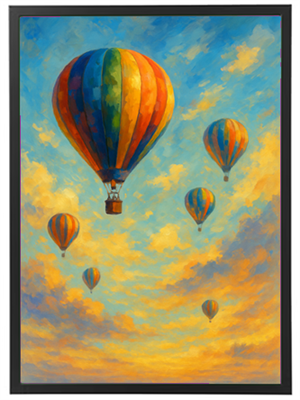 En smuk scene med flere farverige luftballoner svævende i en klar himmel ved solnedgang.