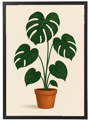 Et kunstnerisk billede af en Monstera-plante i en lerpotte, med store, grønne blade.