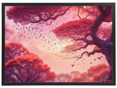 En smuk scene med majestætiske røde træer og fugle, der flyver i en pastelagtig himmel.