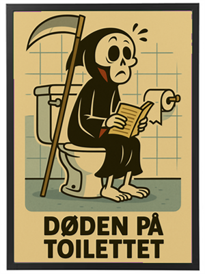 En humoristisk illustration af Døden, der sidder på toilettet og læser en bog.