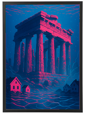 En futuristisk fortolkning af en antik søjlebygning, omgivet af oversvømmede huse i neonfarver.