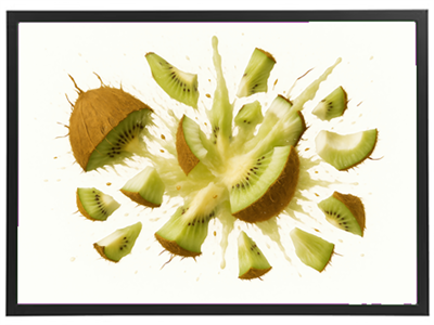 Billedet viser en dramatisk eksplosion af kiwi, hvor frugtskiver og skaller flyver i alle retninger.