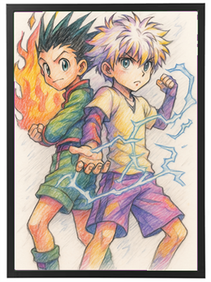 To unge drenge står ryg mod ryg, klar til kamp med ild og lyn som deres kræfter.