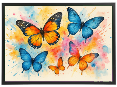 En smuk akvareltegning af fem farverige sommerfugle med blå og orange nuancer.