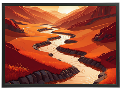 Et farverigt landskab med en snoet flod, omkranset af bjerge og rødligt græs.