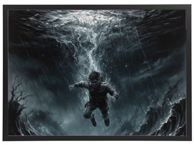 En dramatisk illustration af en person, der svømmer under vandet i en stormfuld atmosfære.