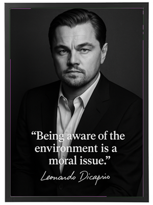 Et sort-hvidt portræt med et citat om miljøbevidsthed.